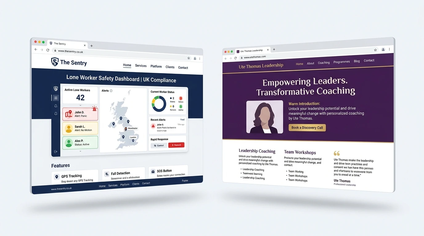 Client portfolio showcase featuring The Sentry and Ute Thomas Leadership websites