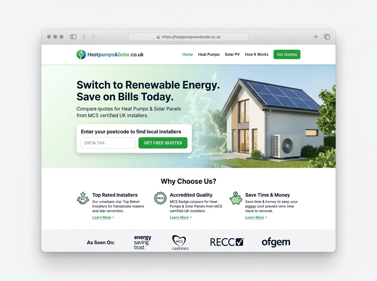heatpumpsandsolar.co.uk platform showcase mockup