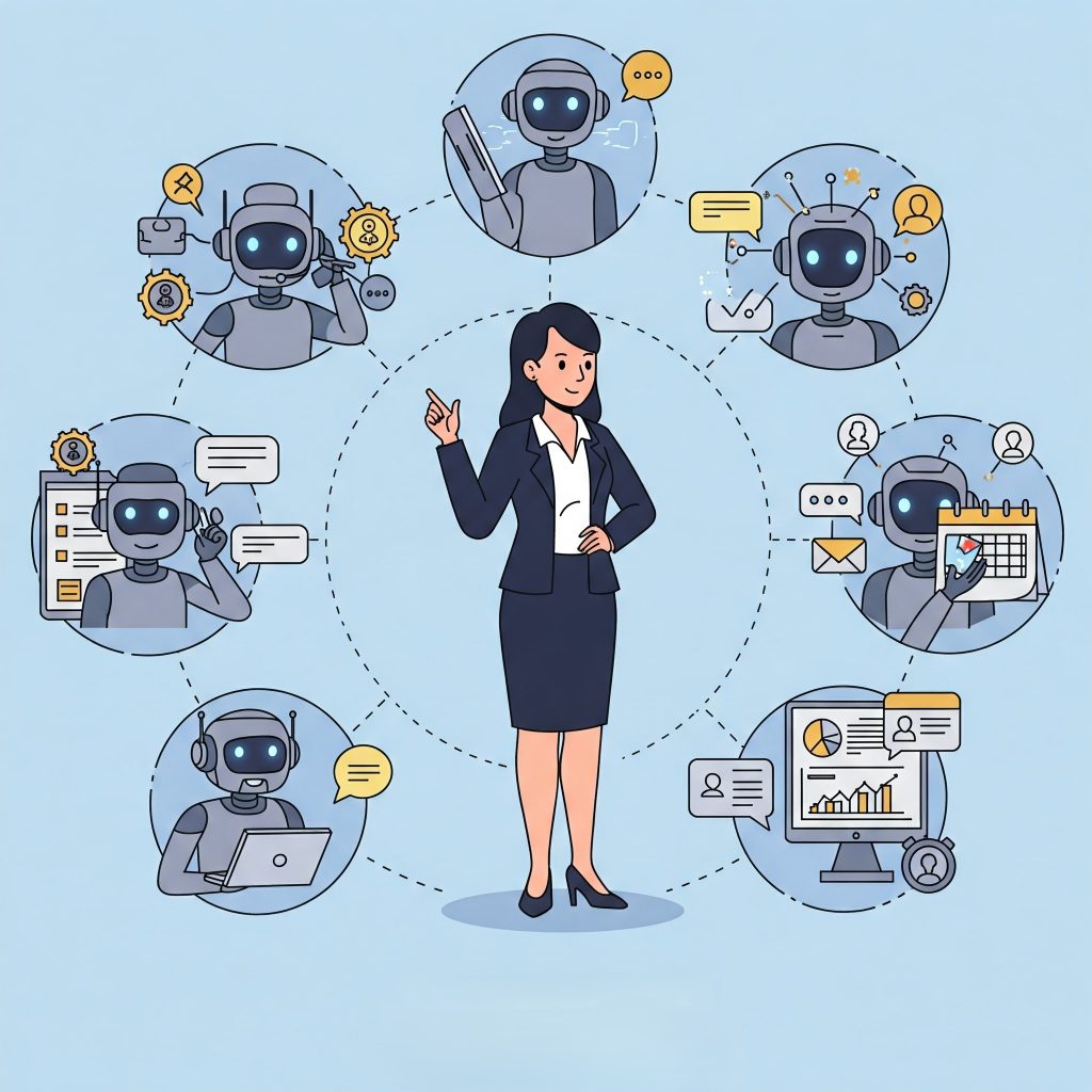 Professional surrounded by AI automation bots demonstrating intelligent lead generation and business growth solutions for insurance