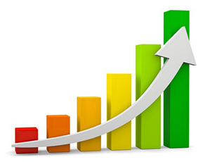 a colorful bar graph with a white arrow pointing up